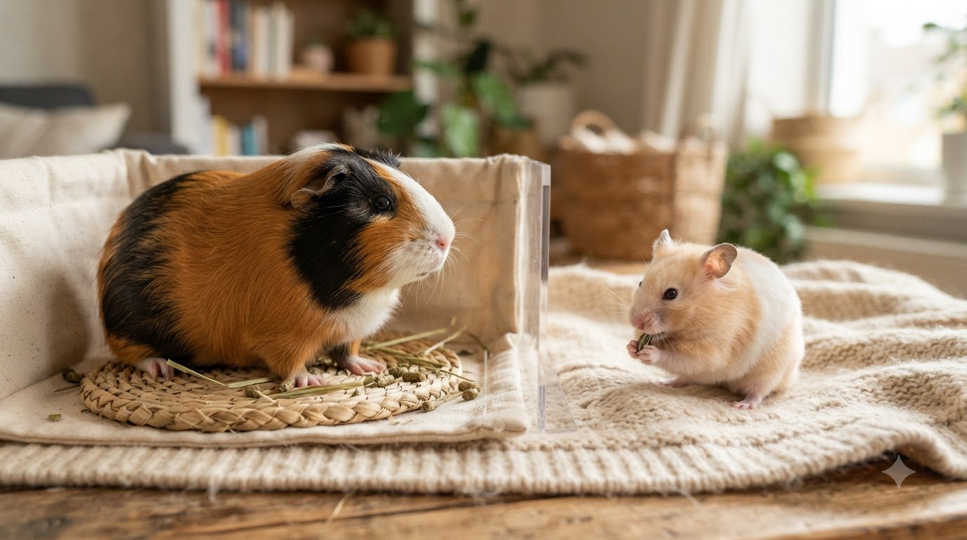 A guinea pig and a hamster together indoors