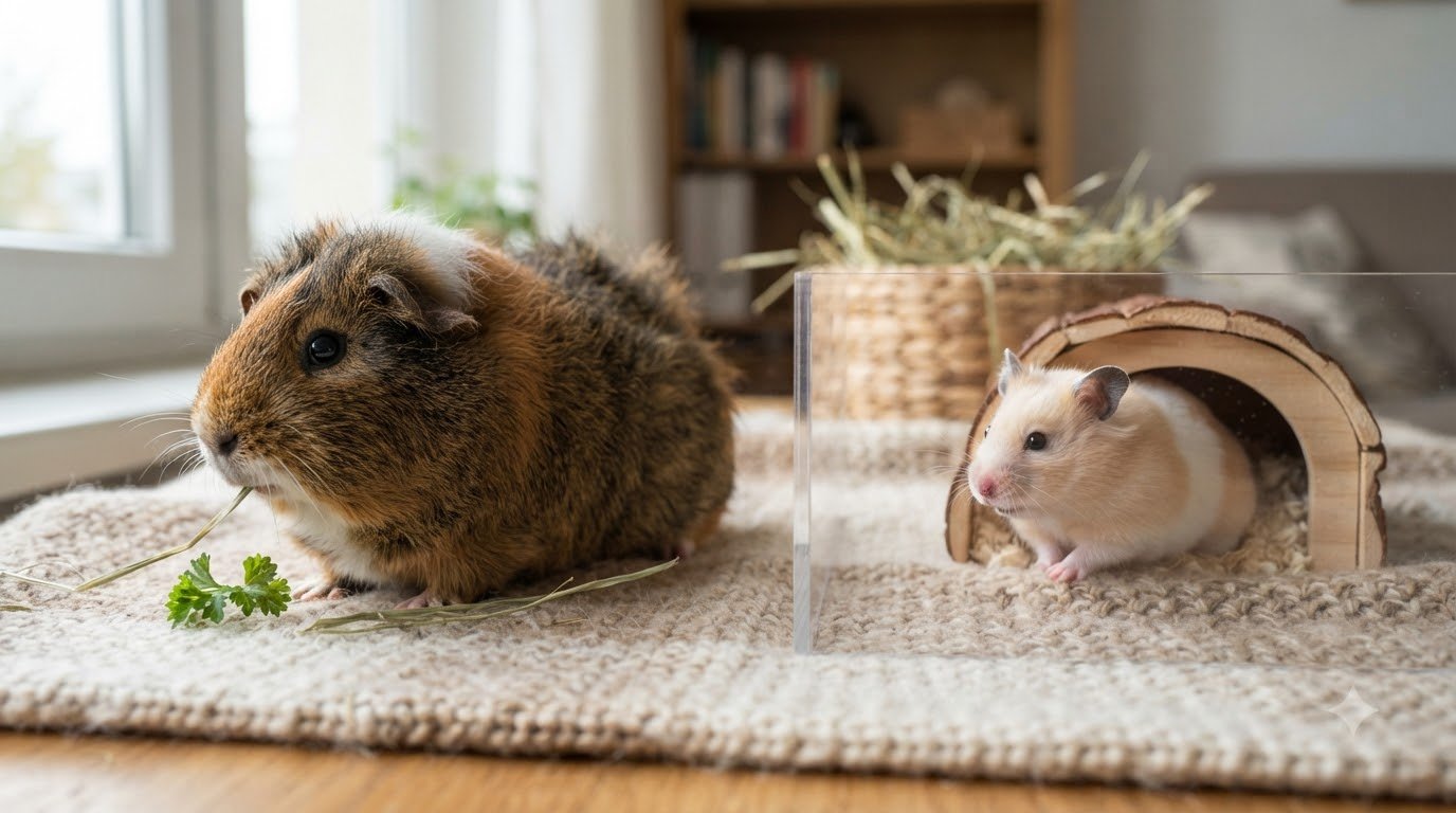 A guinea pig, hamster, and rabbit shown as small companion pet options
