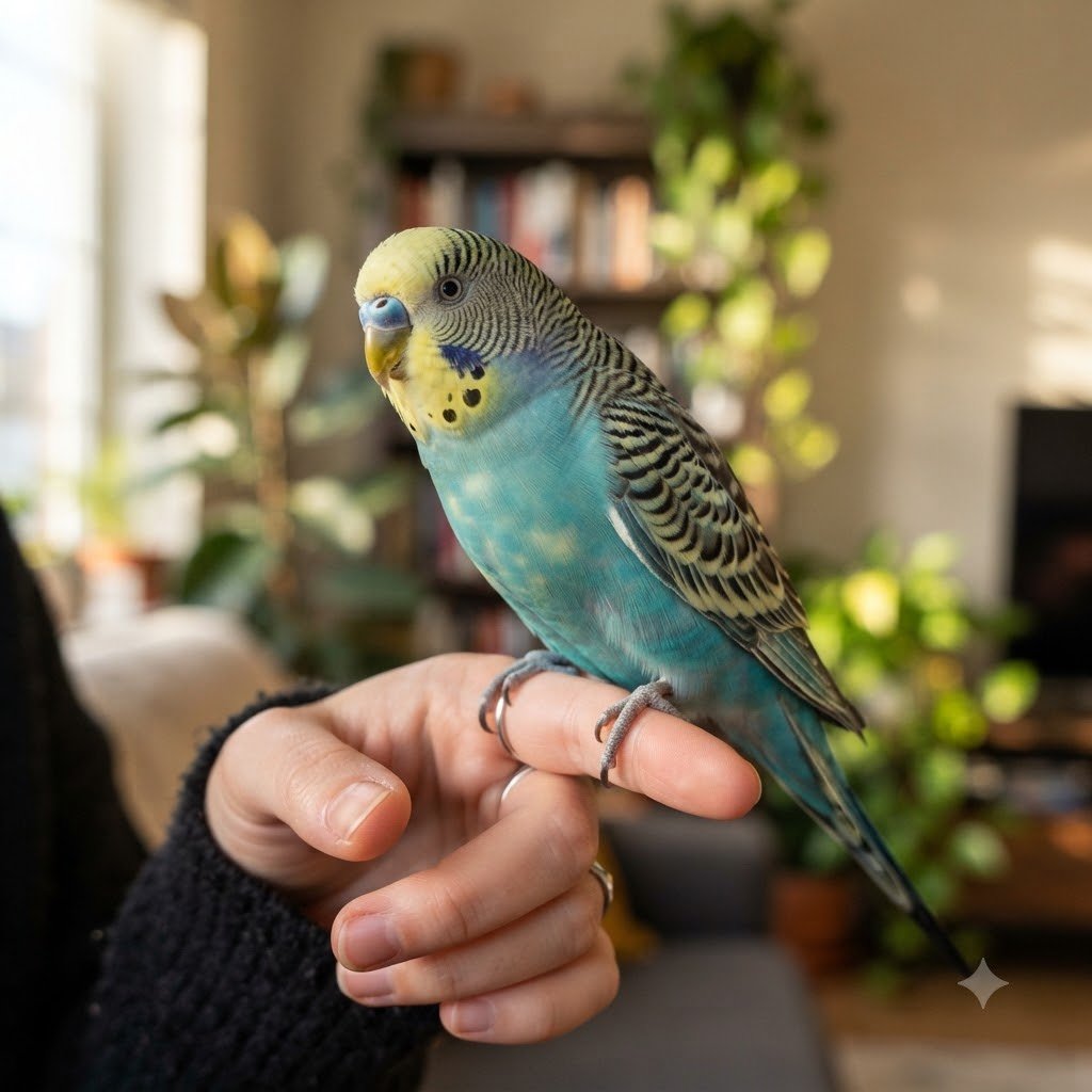A colorful budgerigar perched calmly on a hand