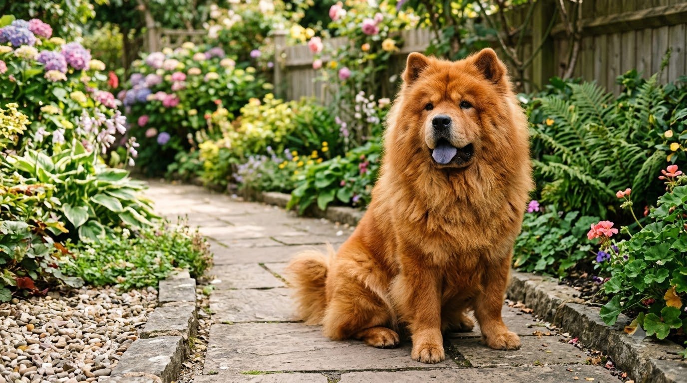 A red Chow Chow with a thick lion-like mane sitting outdoors on a garden path