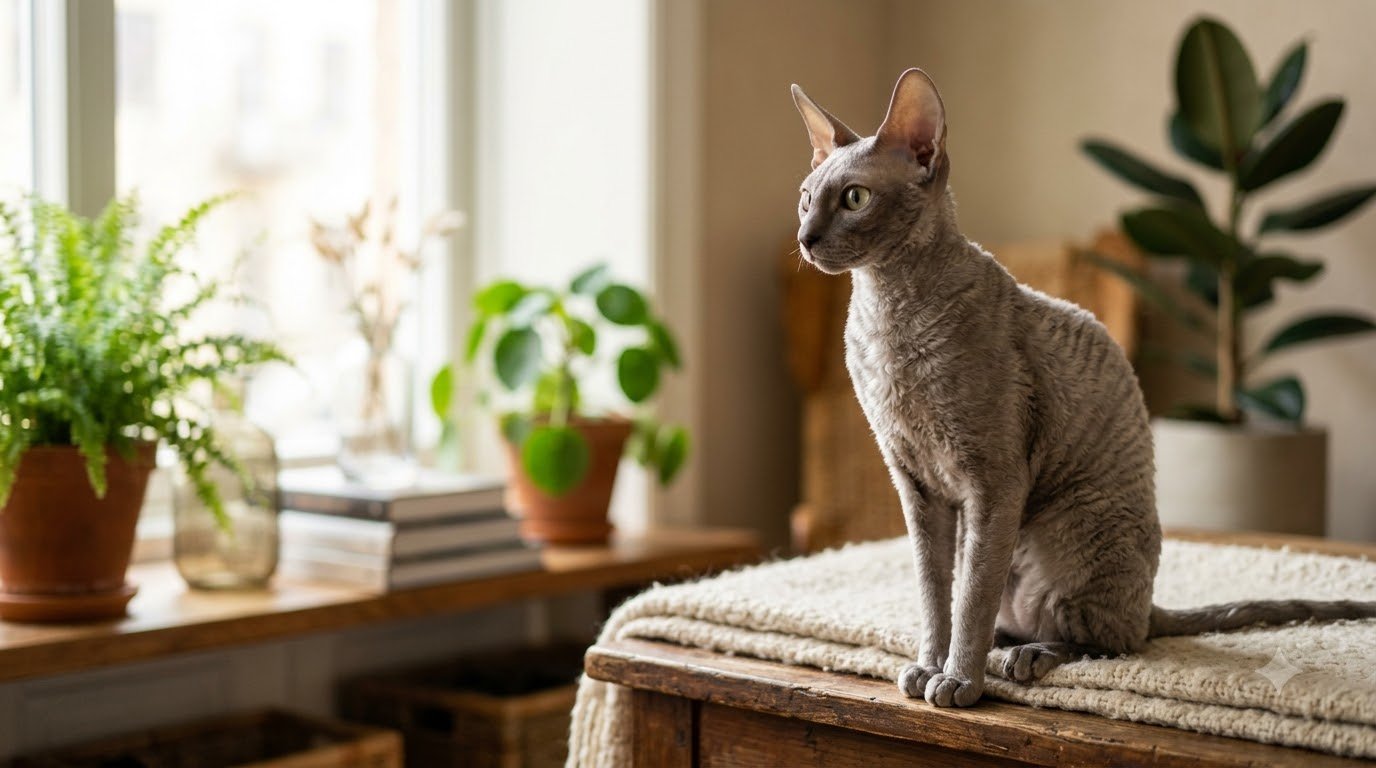 A Cornish Rex cat with a slender build and wavy fine coat sitting indoors