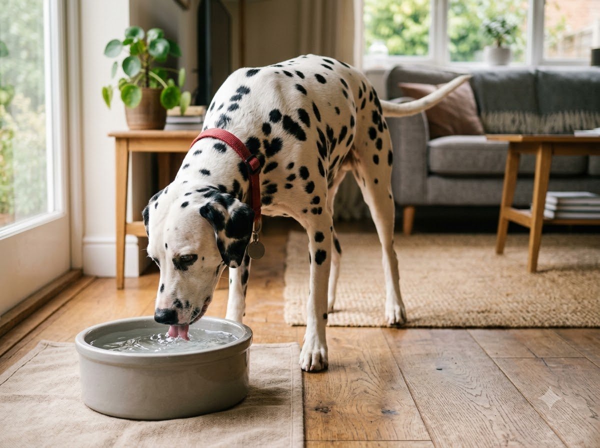 A Dalmatian drinking water from a bowl indoors