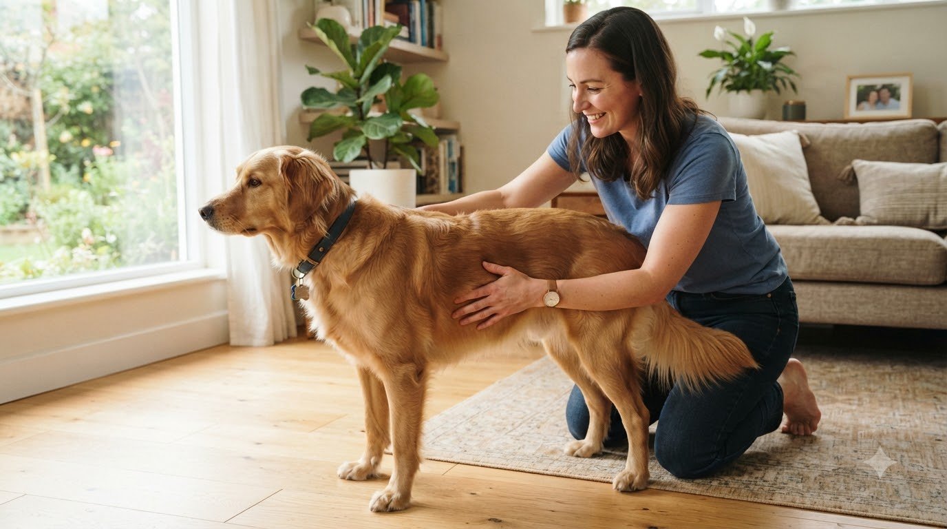 An owner gently checking a dog’s body condition by feel