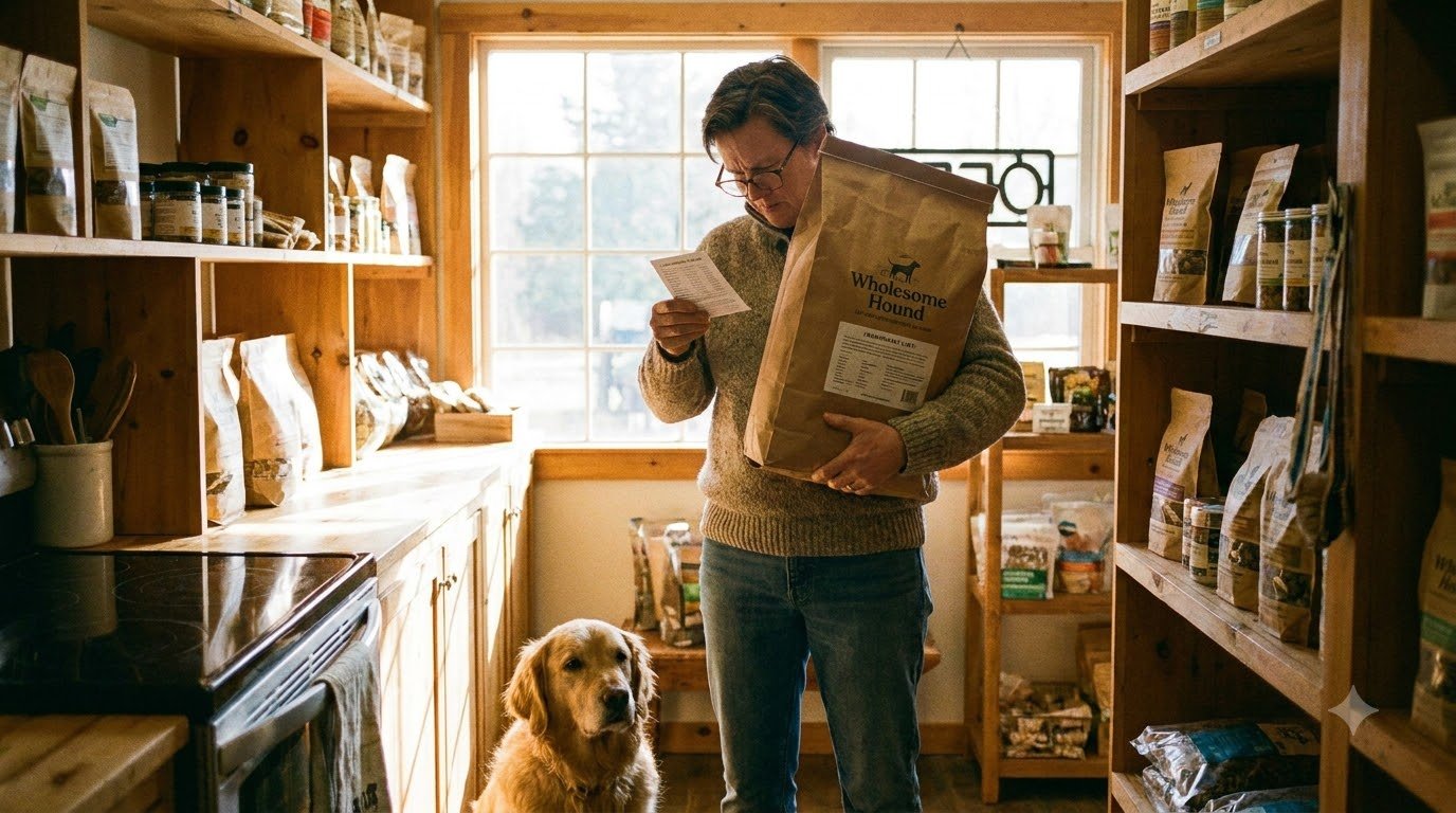 A person closely reading a pet food label