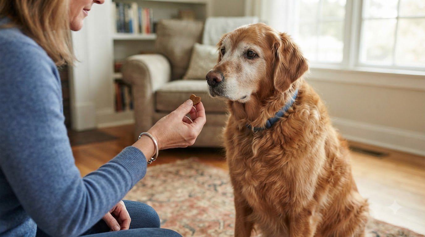 An owner offering a joint supplement chew to a senior dog
