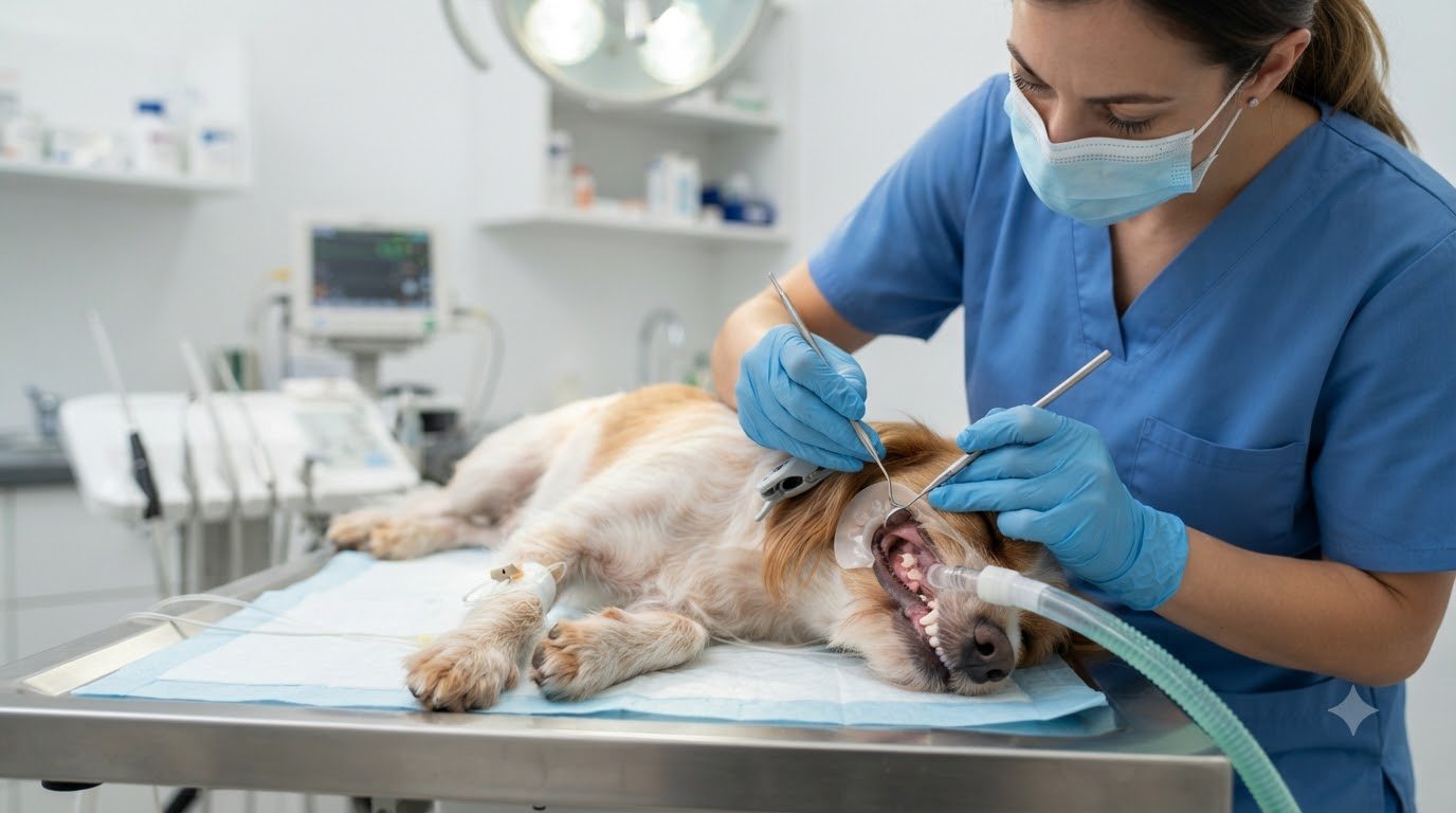 A veterinarian examining a dog’s teeth at a clinic
