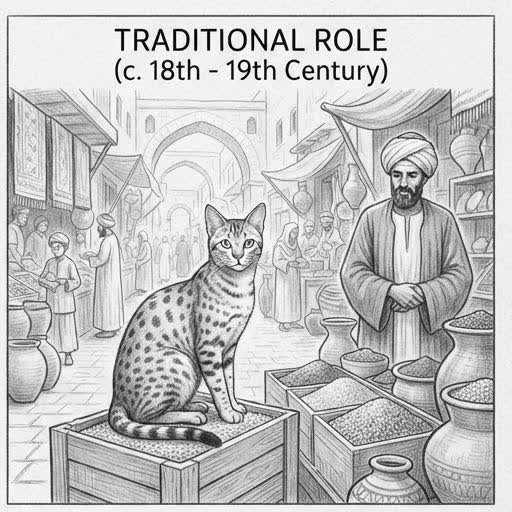 Illustrated sketch of an Egyptian Mau in a traditional market setting