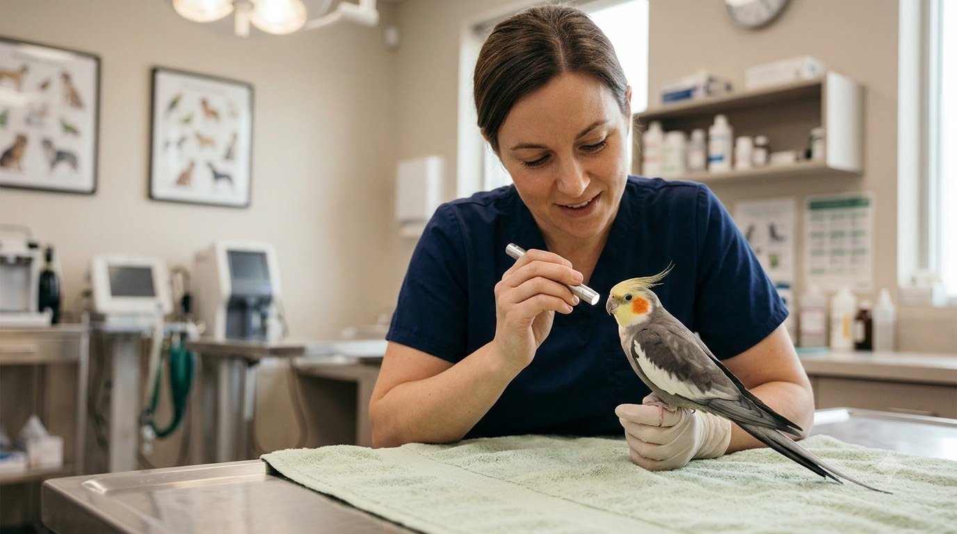 A vet gently examining a parrot on an exam table