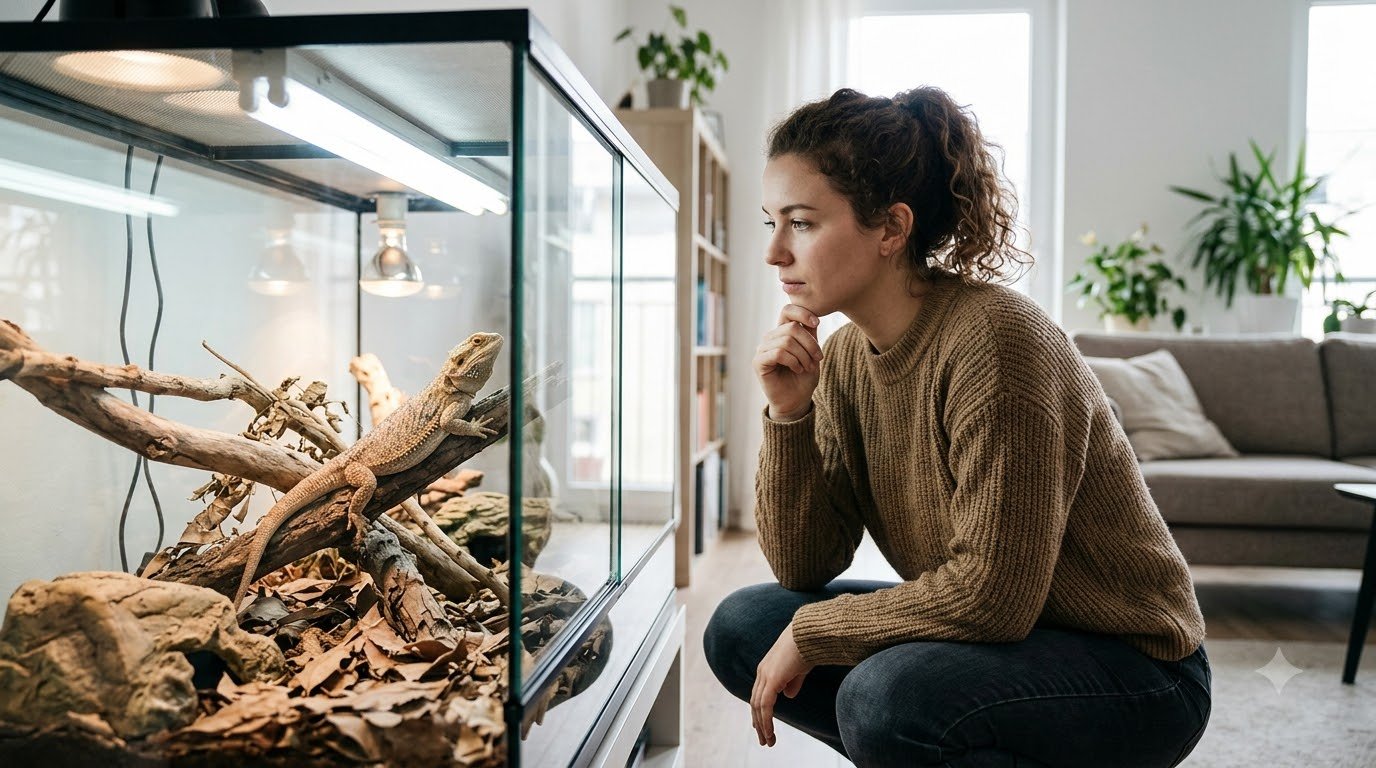 A person observing a bearded dragon in a home terrarium