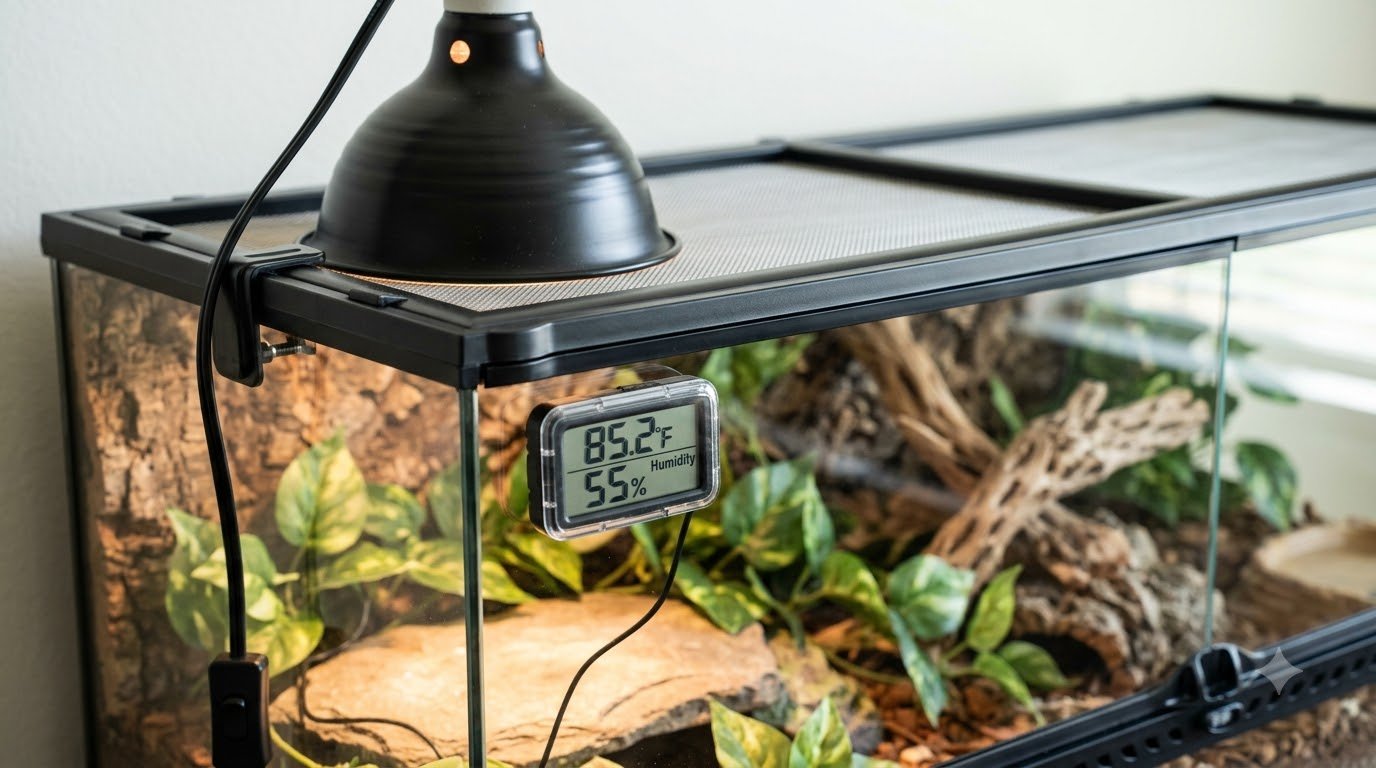 A heat lamp and thermometer setup on a reptile terrarium