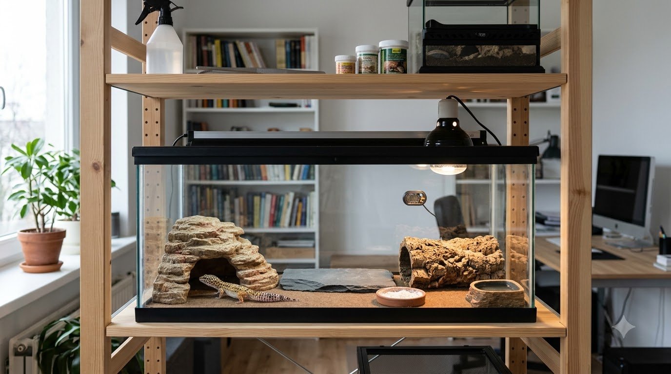 A well-organized home terrarium shelf setup