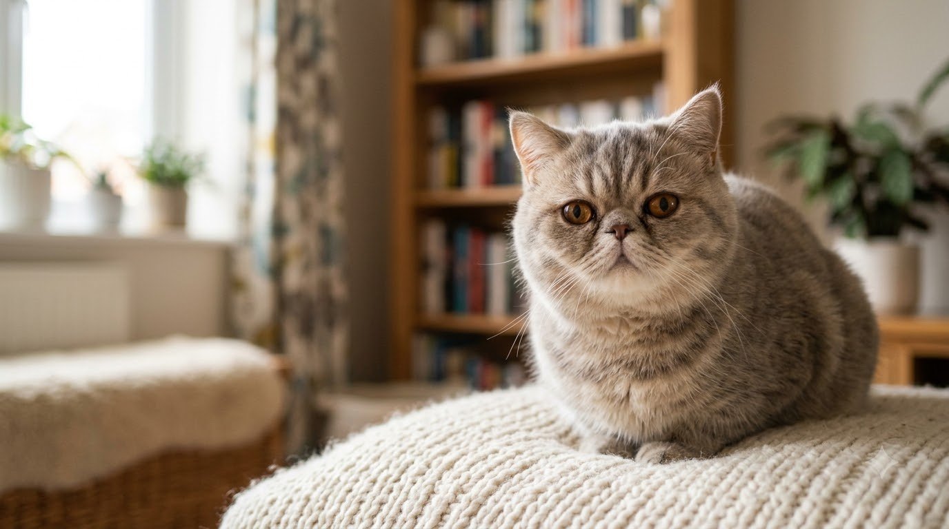 An Exotic Shorthair cat with a round face and short plush coat sitting indoors