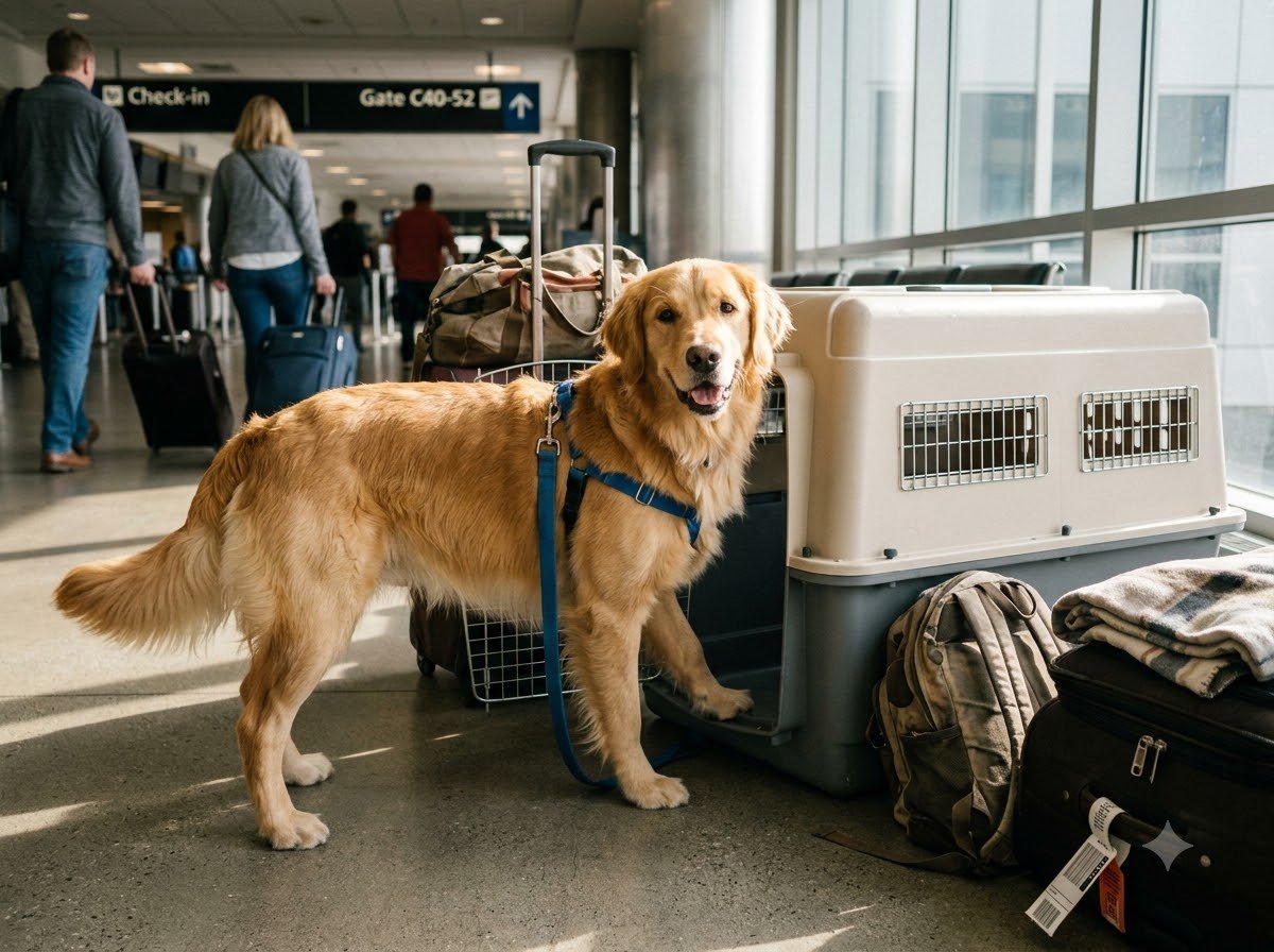A Golden Retriever standing beside a large travel crate
