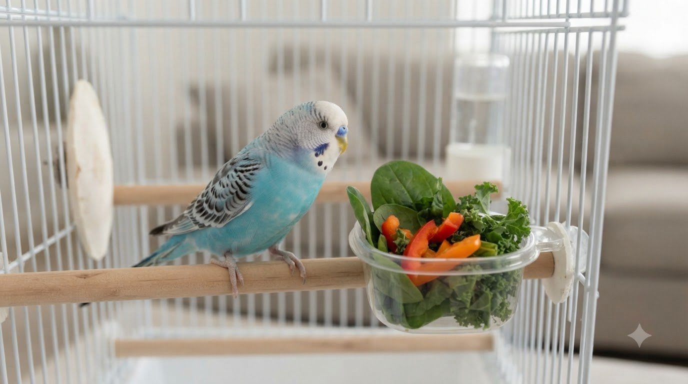 A pet bird eating fresh, bird-safe vegetables