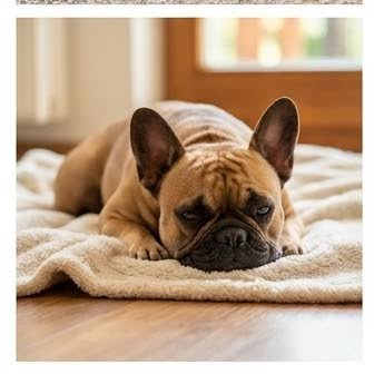 A French Bulldog resting in a cozy indoor setting