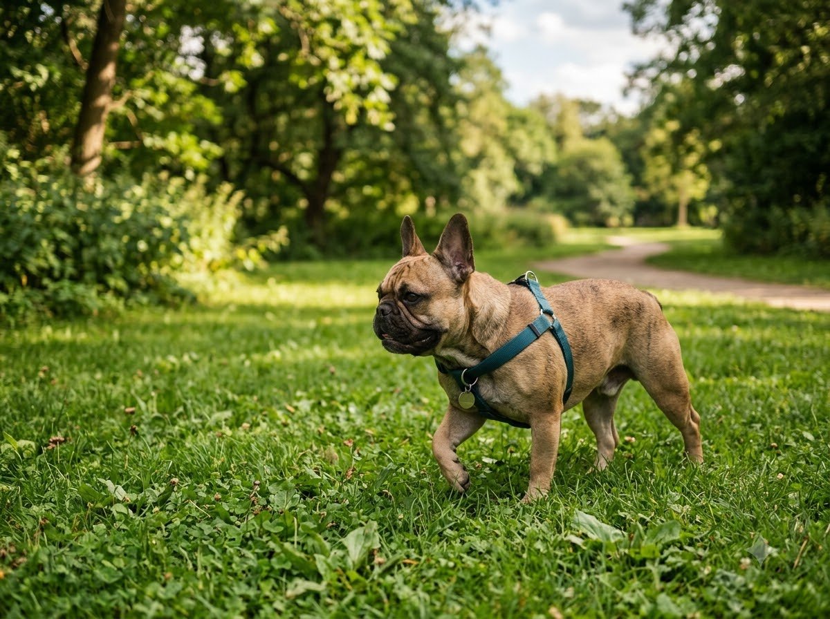 A French Bulldog walking slowly on grass outdoors