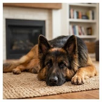 A German Shepherd resting in a cozy indoor setting