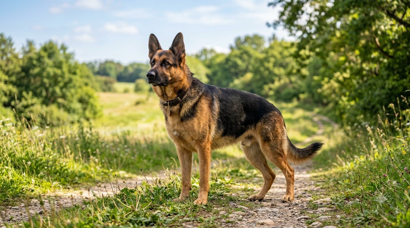A German Shepherd standing alert outdoors in natural daylight