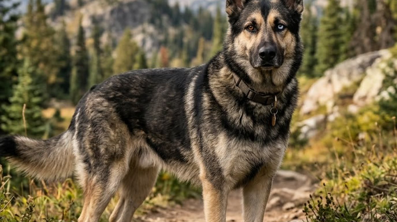 A German Shepherd Husky mix standing alert outdoors on a mountain trail