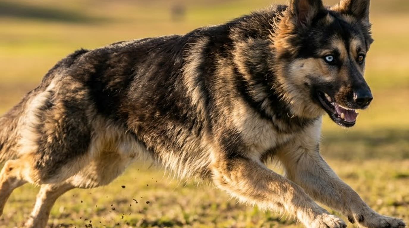A German Shepherd Husky mix running mid-stride outdoors