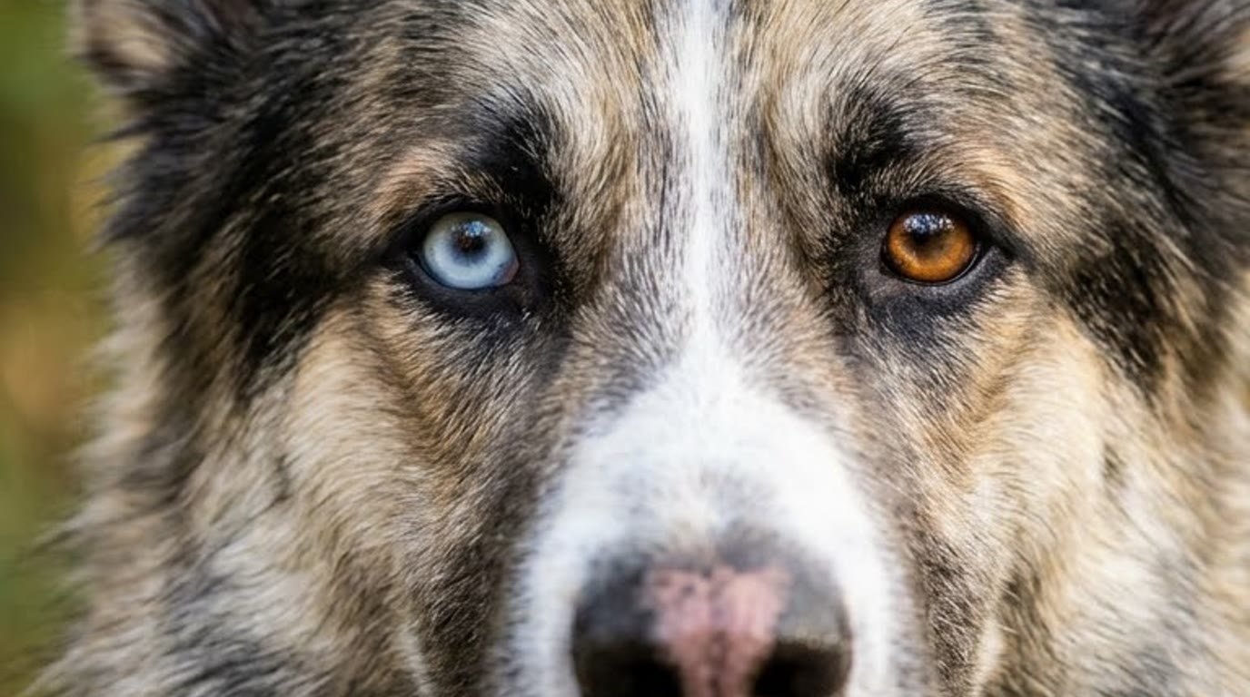 Close-up headshot portrait of a German Shepherd Husky mix showing heterochromia eyes and blended coat pattern