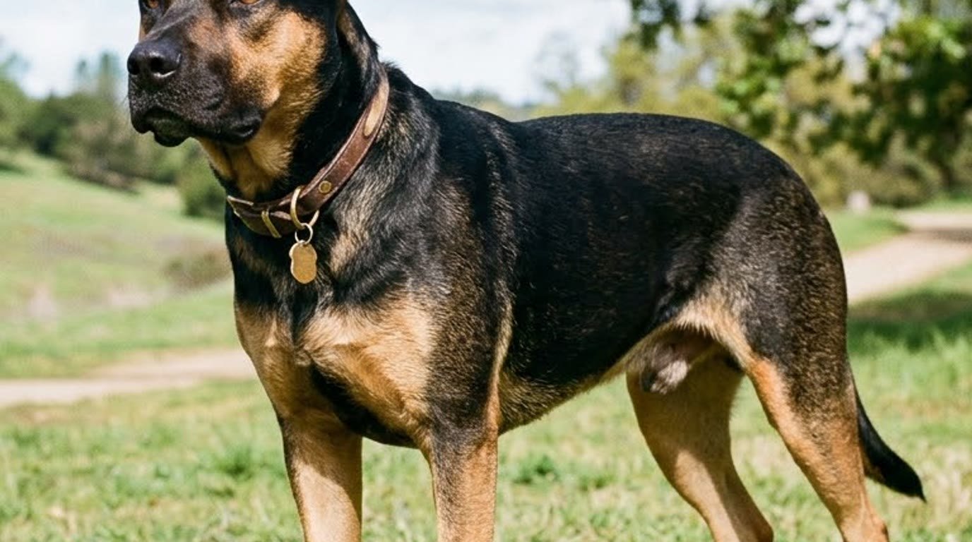 A German Shepherd Pitbull mix standing alert outdoors on grass