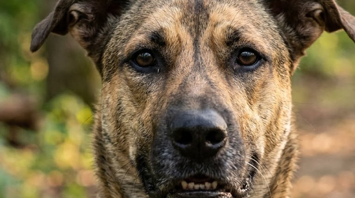 Close-up headshot portrait of a German Shepherd Pitbull mix