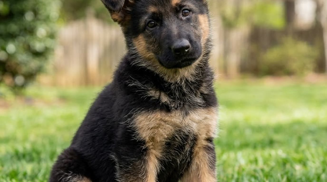 A German Shepherd puppy sitting alert on grass in a backyard