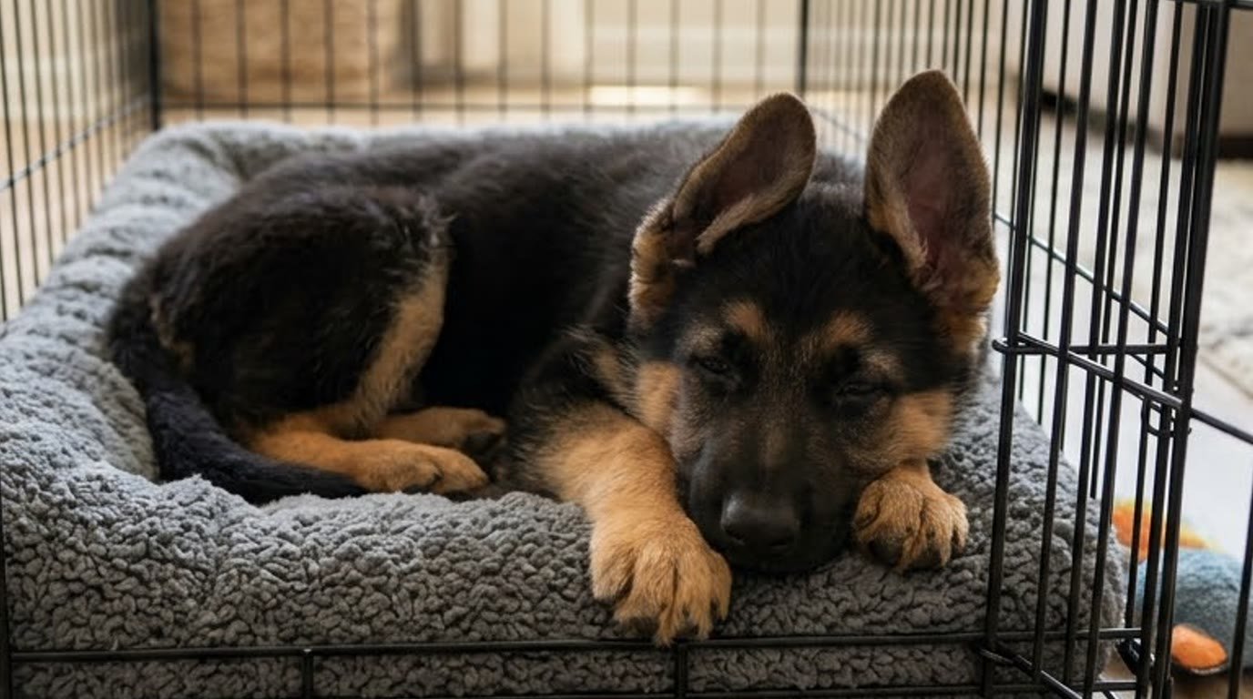 A German Shepherd puppy resting inside an open crate on a soft bed