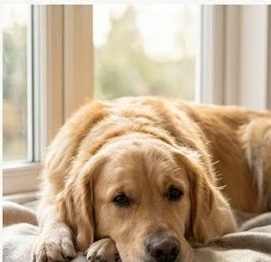 A Golden Retriever resting in a cozy indoor setting