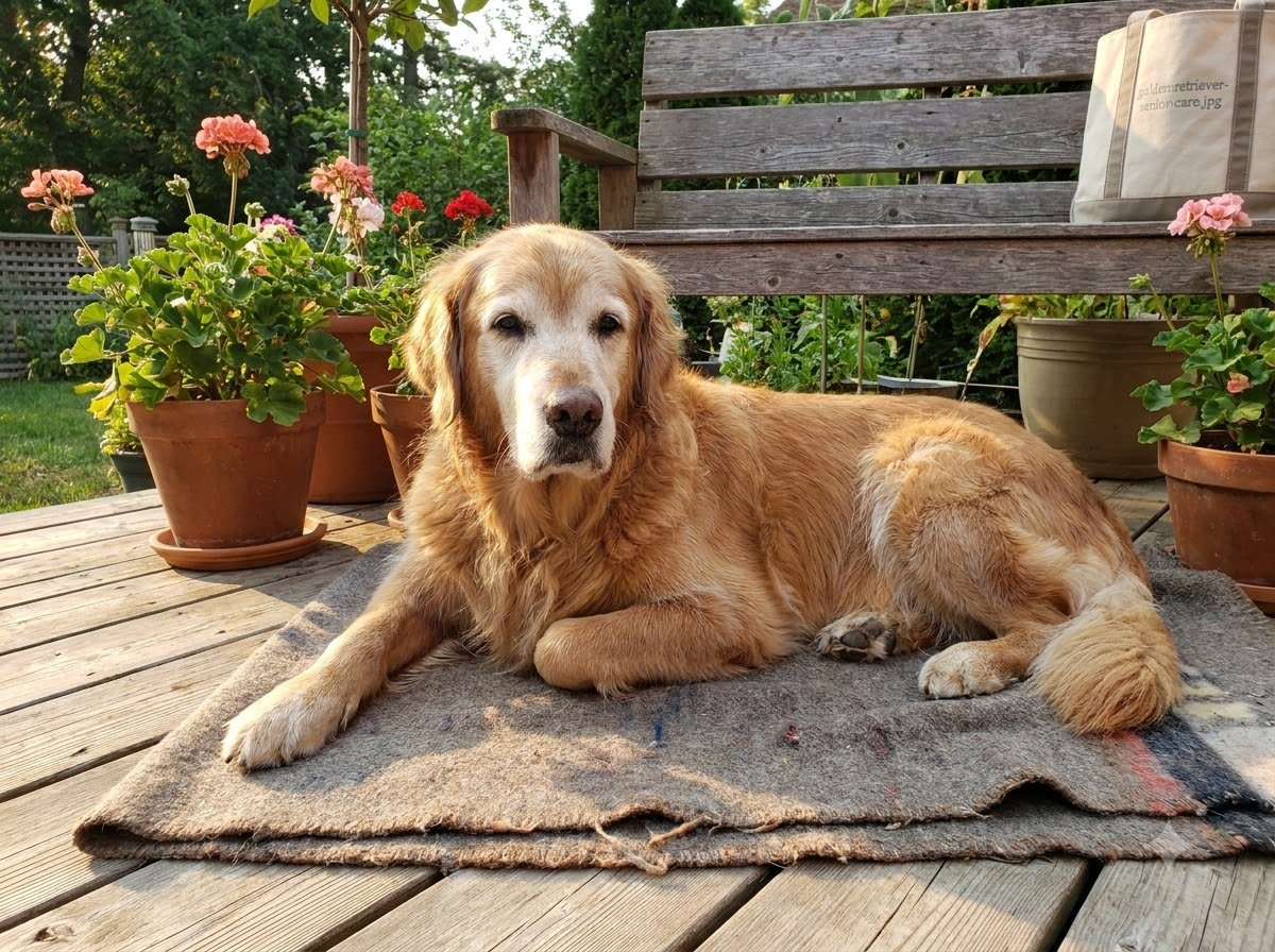 A Golden Retriever resting calmly outdoors