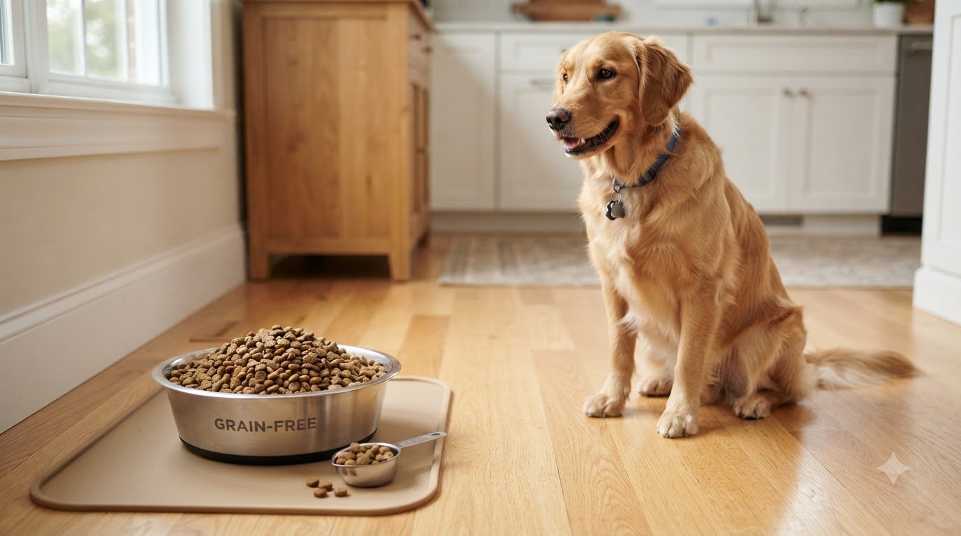 A dog food bowl filled with kibble beside a measuring scoop