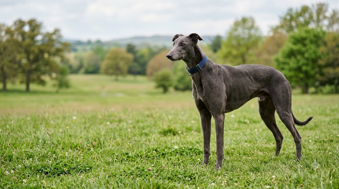 A Greyhound with a sleek short coat standing outdoors on grass