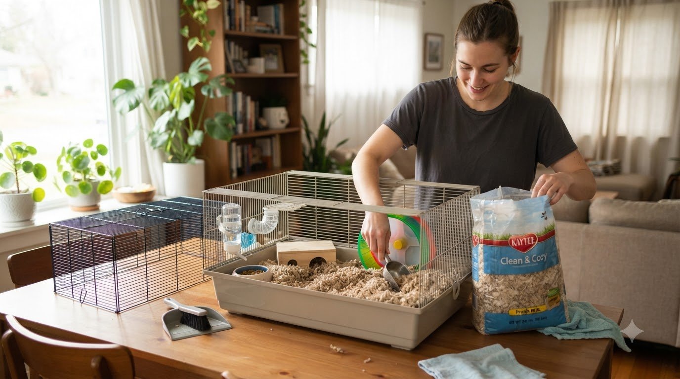 A clean hamster cage being maintained