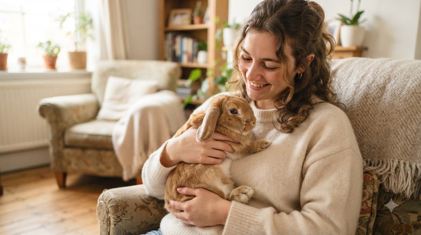 A person calmly holding a rabbit, building trust through gentle handling