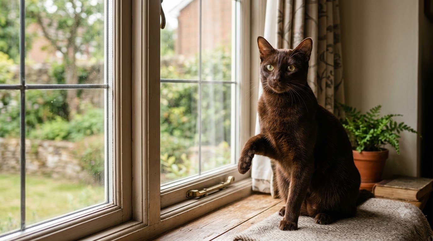 A Havana Brown cat with a rich solid mahogany-brown coat sitting indoors