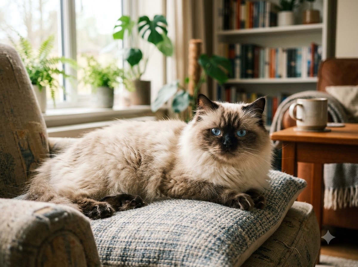A Himalayan cat resting on a cushion indoors
