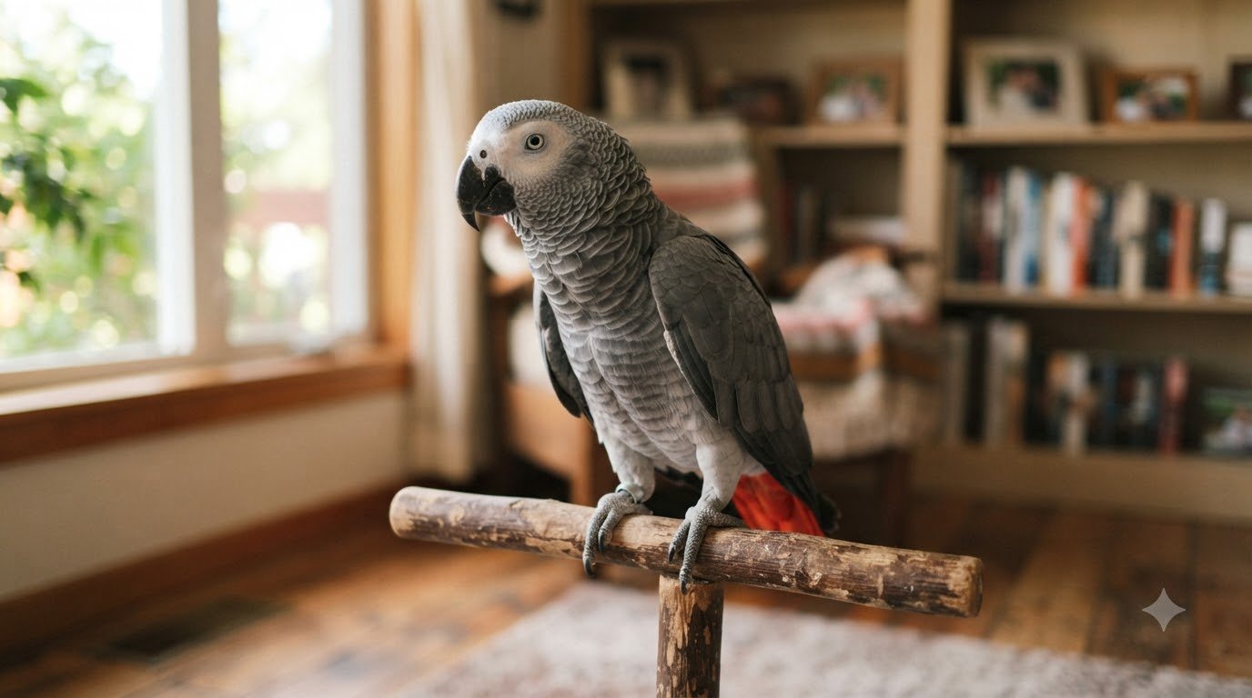 A mature parrot perched indoors, calm and alert