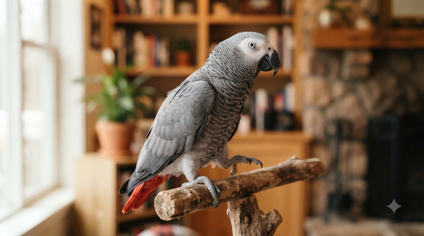 A mature parrot perched indoors, showing dignified adult plumage