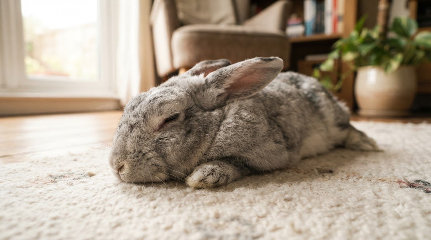 An older rabbit resting indoors, showing signs of calm maturity