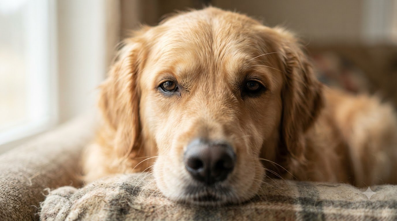 A close-up of a dog's face showing a tense, uncomfortable expression