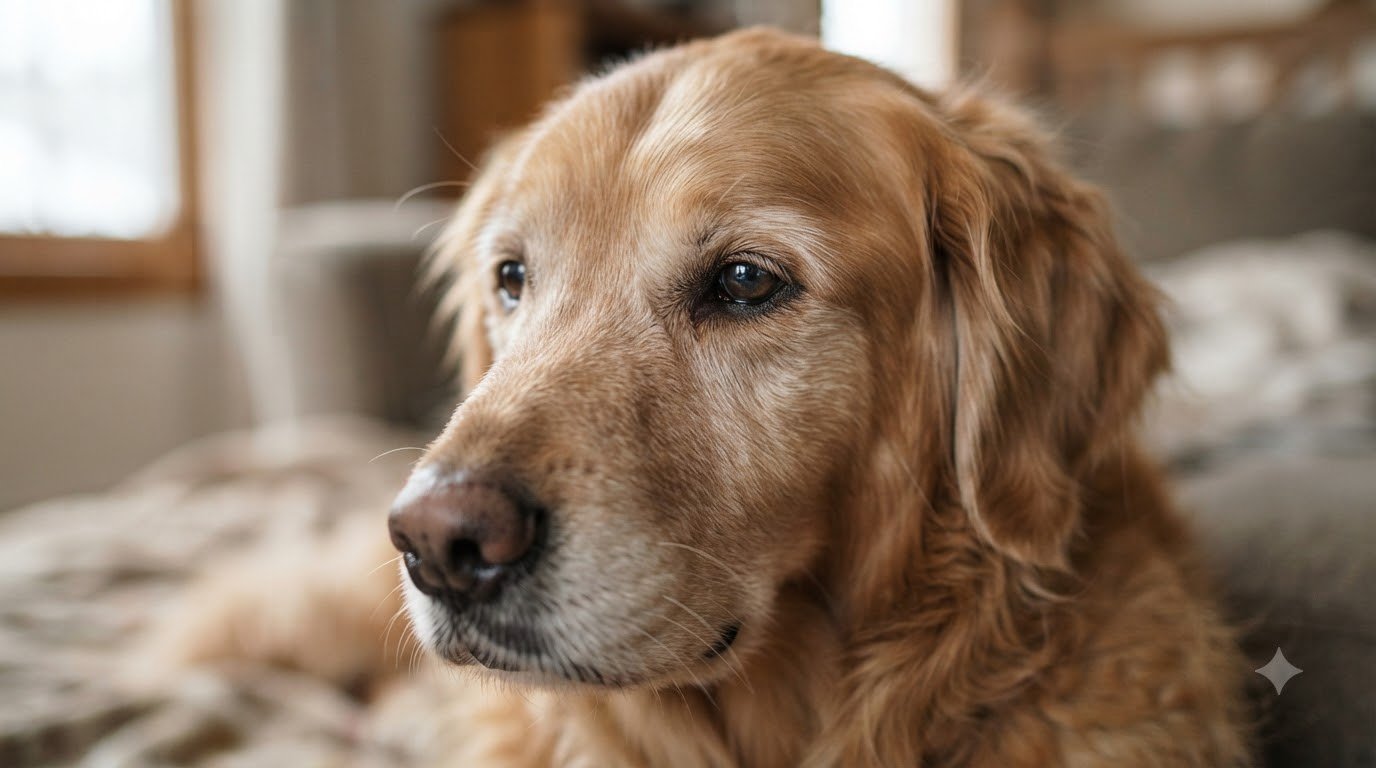 A close-up portrait of a dog showing subtle facial tension