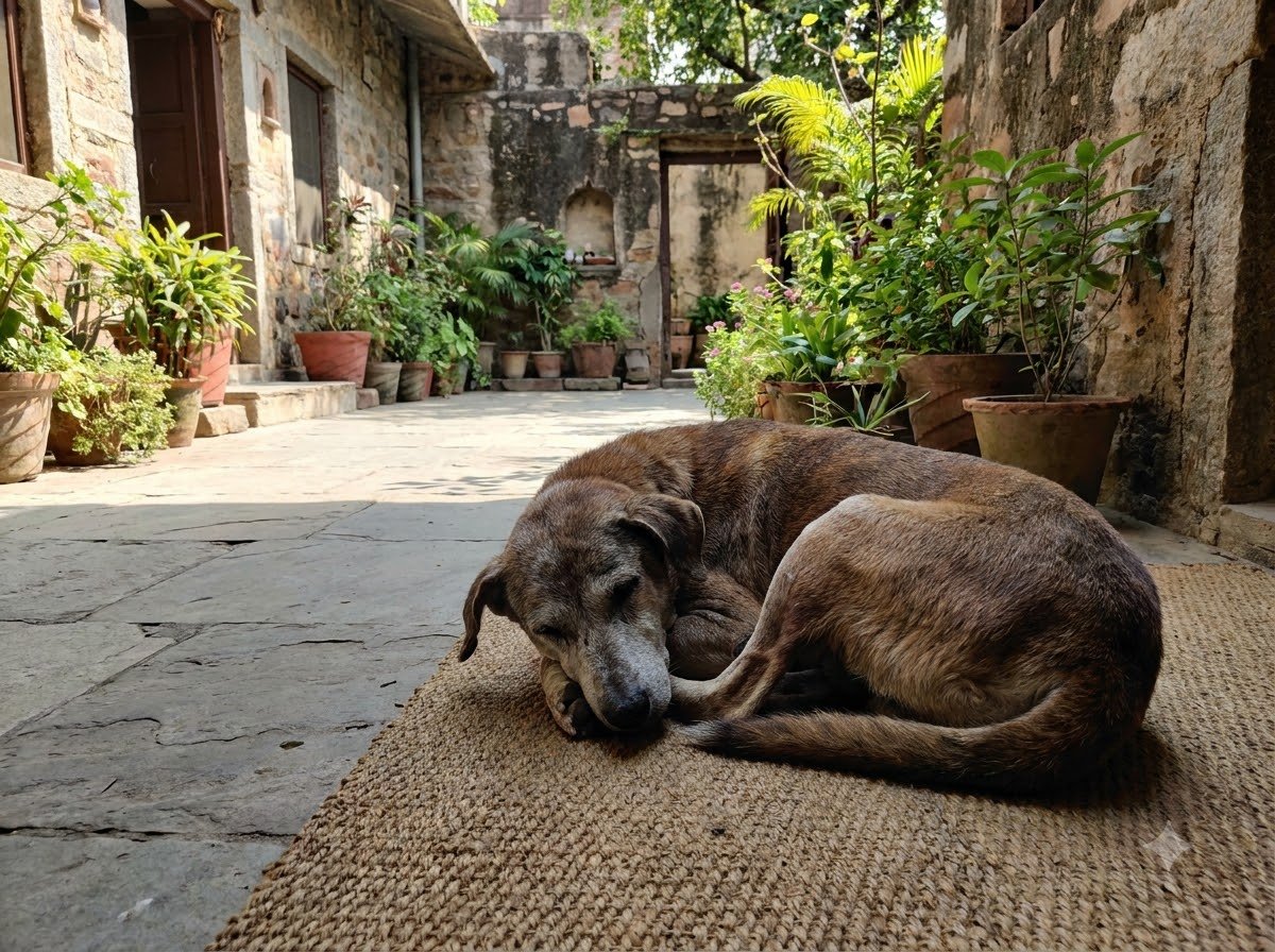 An Indian Pariah Dog (Desi dog) resting calmly