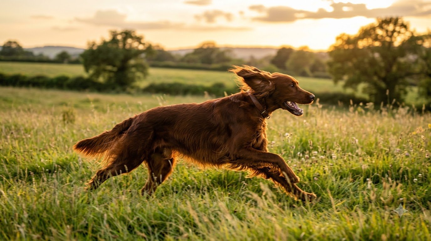 An Irish Setter with a glossy mahogany-red coat running across a grassy field