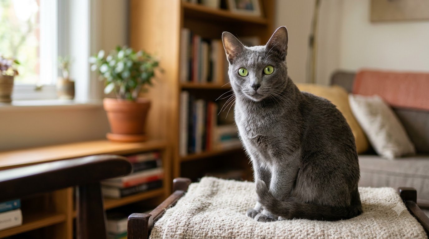 A silver-blue Korat cat with a heart-shaped face sitting indoors
