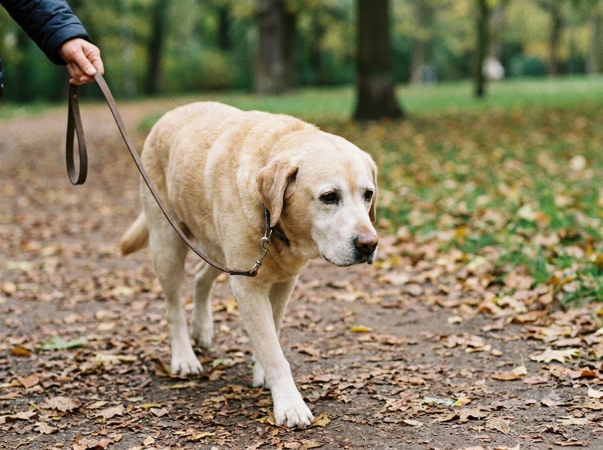 A Labrador Retriever walking slowly outdoors on a leash
