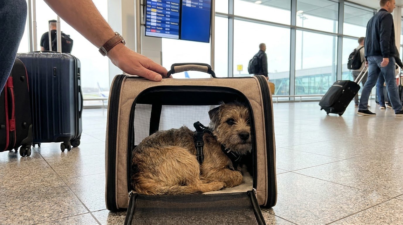 A dog inside a travel carrier