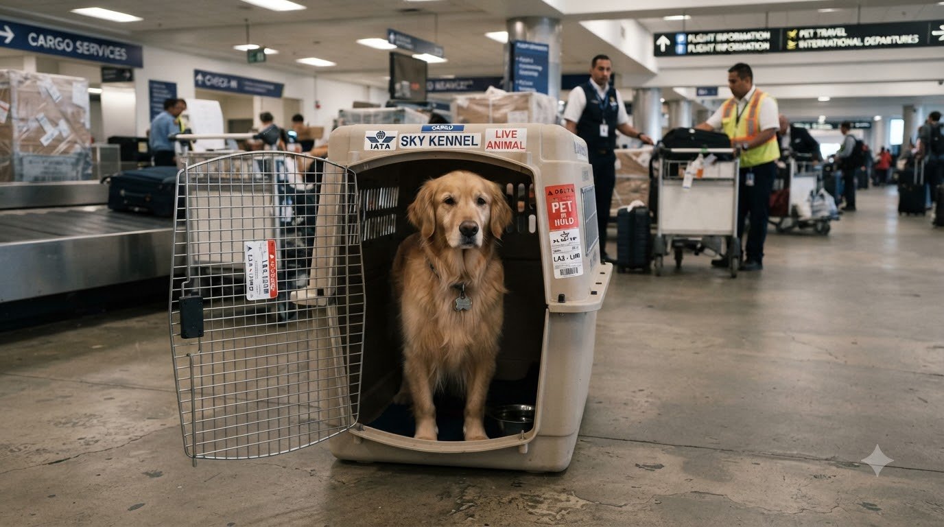 A large dog in a travel crate prepared for a flight