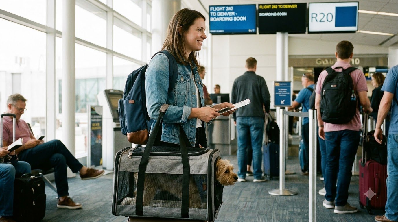 A pet parent waiting at the airport with travel gear