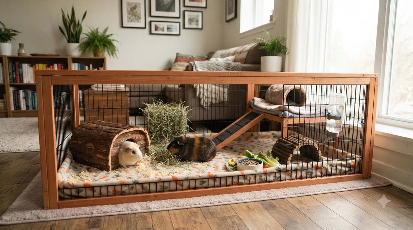 A guinea pig in a clean, well-bedded indoor cage